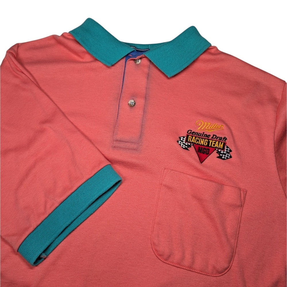 Vintage Miller Genuine Draft Racing‎ Team MGD Polo Shirt Large Pink Ringer 90s